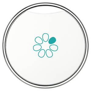 One Button Phone Buddy – weißer Bluetooth-Sicherheitsknopf mit türkisfarbenem Logo