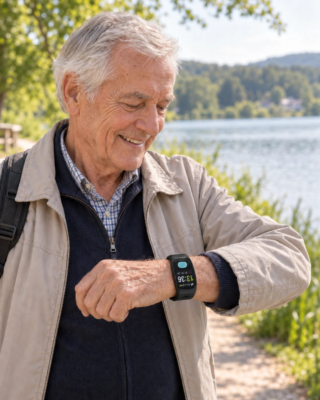 Senior schaut bei einem Spaziergang am See auf sein One Button Phone