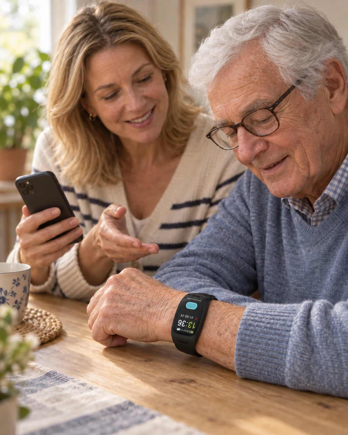 Vater und Tochter richten das One Button Phone gemeinsam zu Hause ein