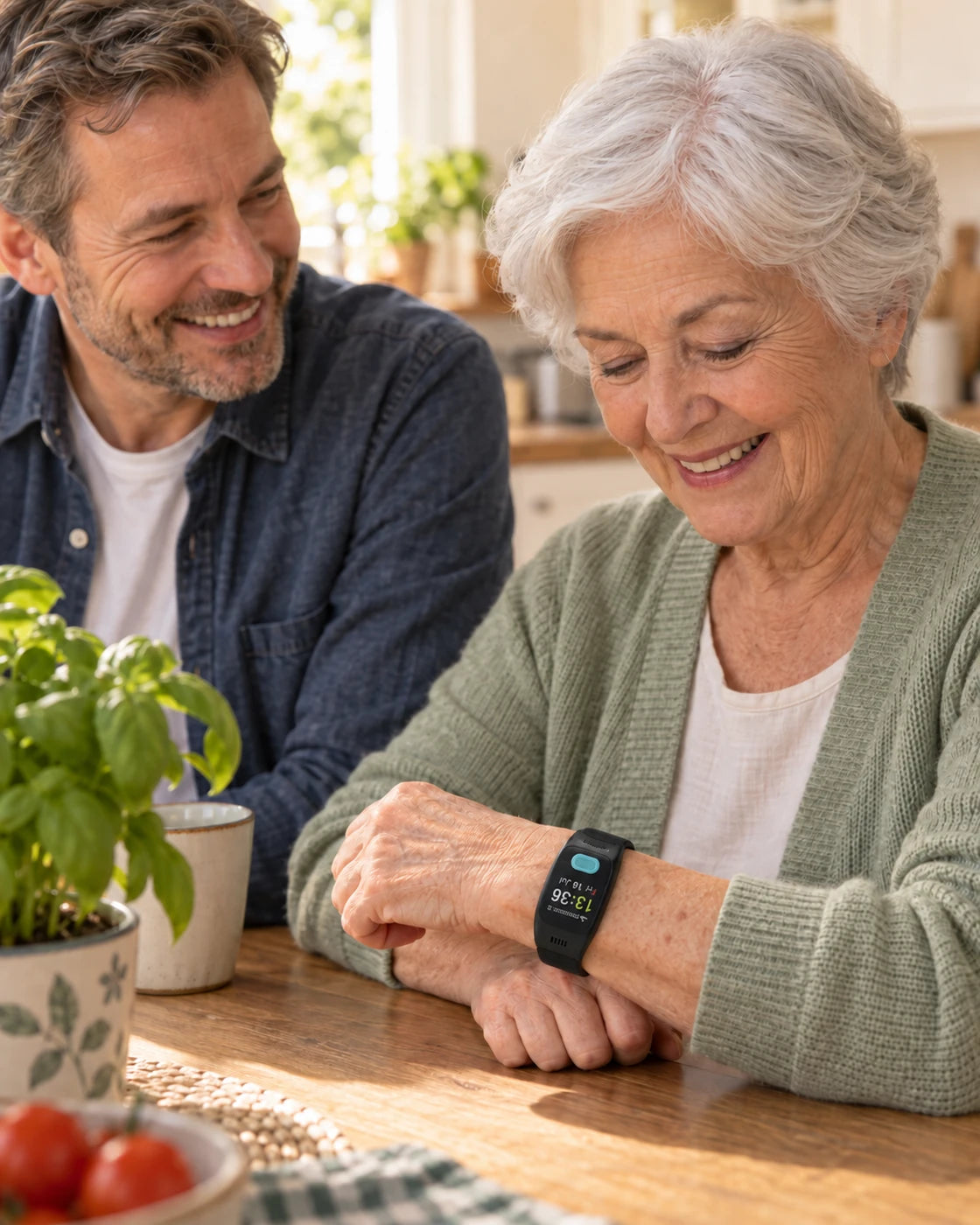 Seniorin mit One Button Phone im vertrauten Alltag zu Hause, neben ihrem Sohn
